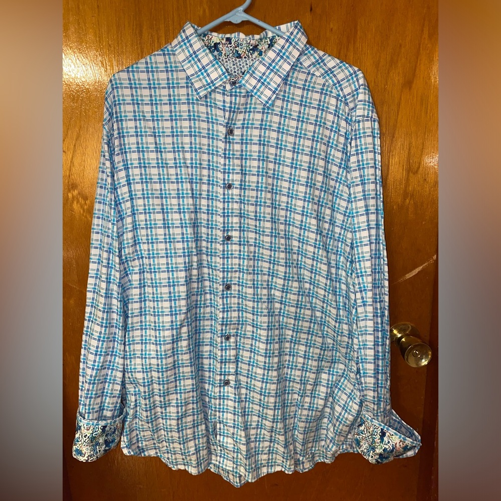 Robert Graham Men’s Casual Button Down Shirt 3XL White/Blue Check w/ Bright Cuff